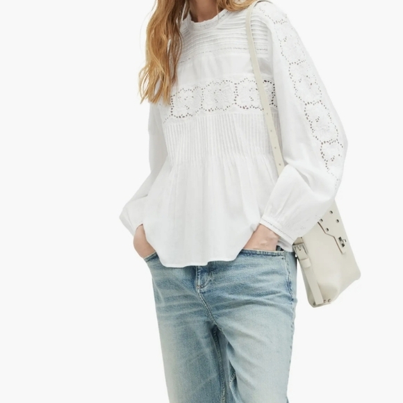 All Saints Tops - All Saints Elaia Bright White Eyelet Embroidered Semi Sheer Pleated Cotton Top 0